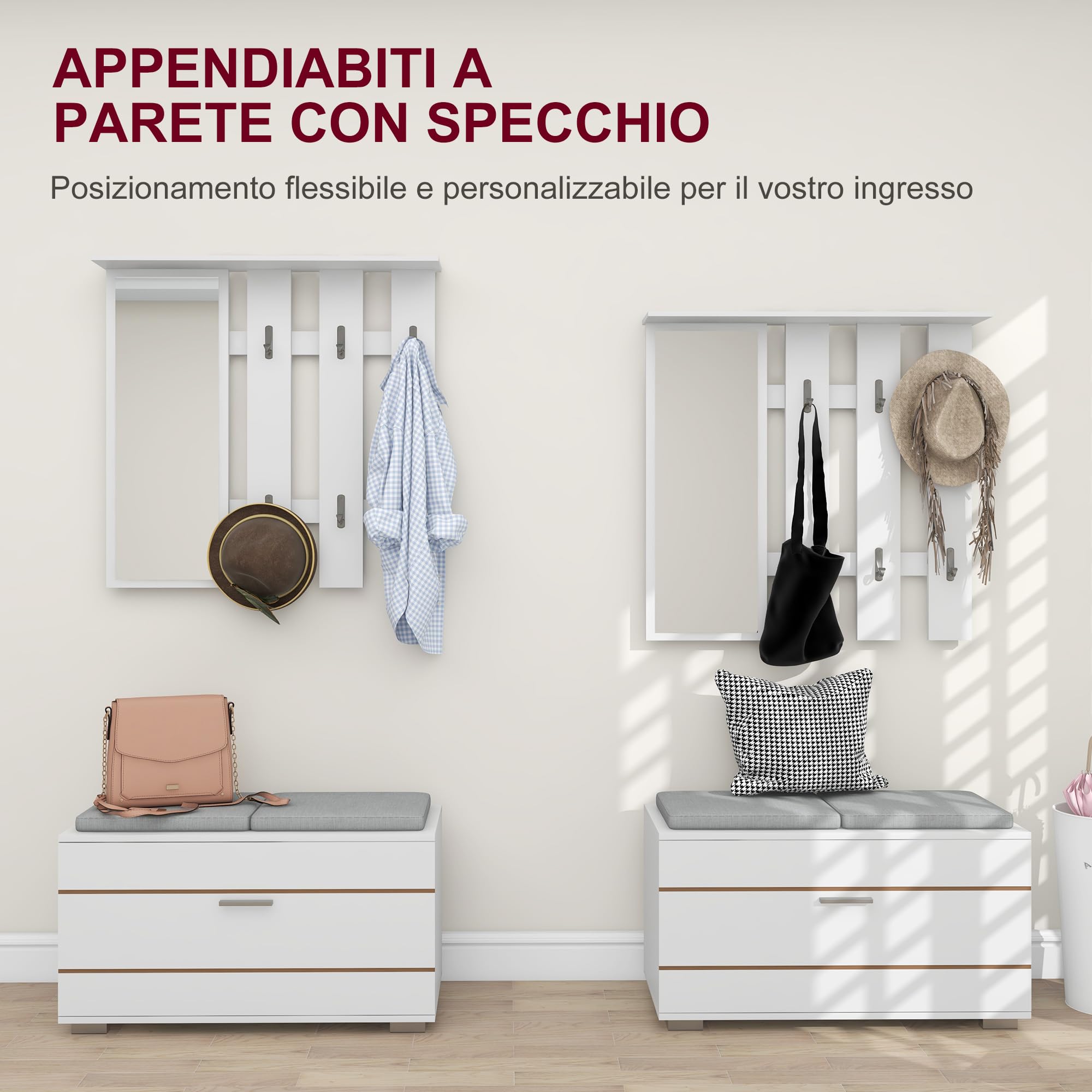 Appendiabiti Da Ingresso Con 6 Ganci In Legno Per Corridoio, Set Mobili Ingresso Moderno Con Scarpiera E Specchio, Bianco