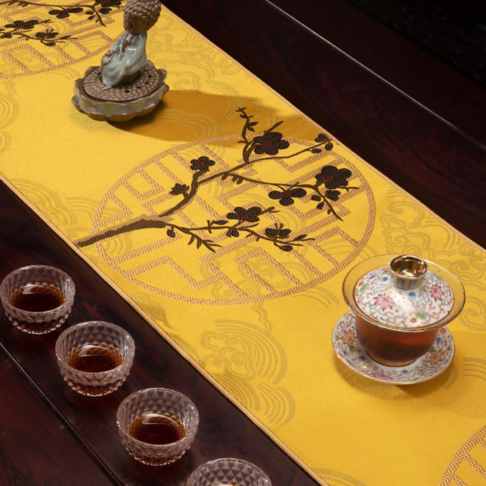 Mantel para mesa jacquard, diseño de flores, árbol con borlas, caminos de mesa de poliéster, color dorado y amarillo, camino de mesa para bodas y fiestas de novia, 33 x 240 cm