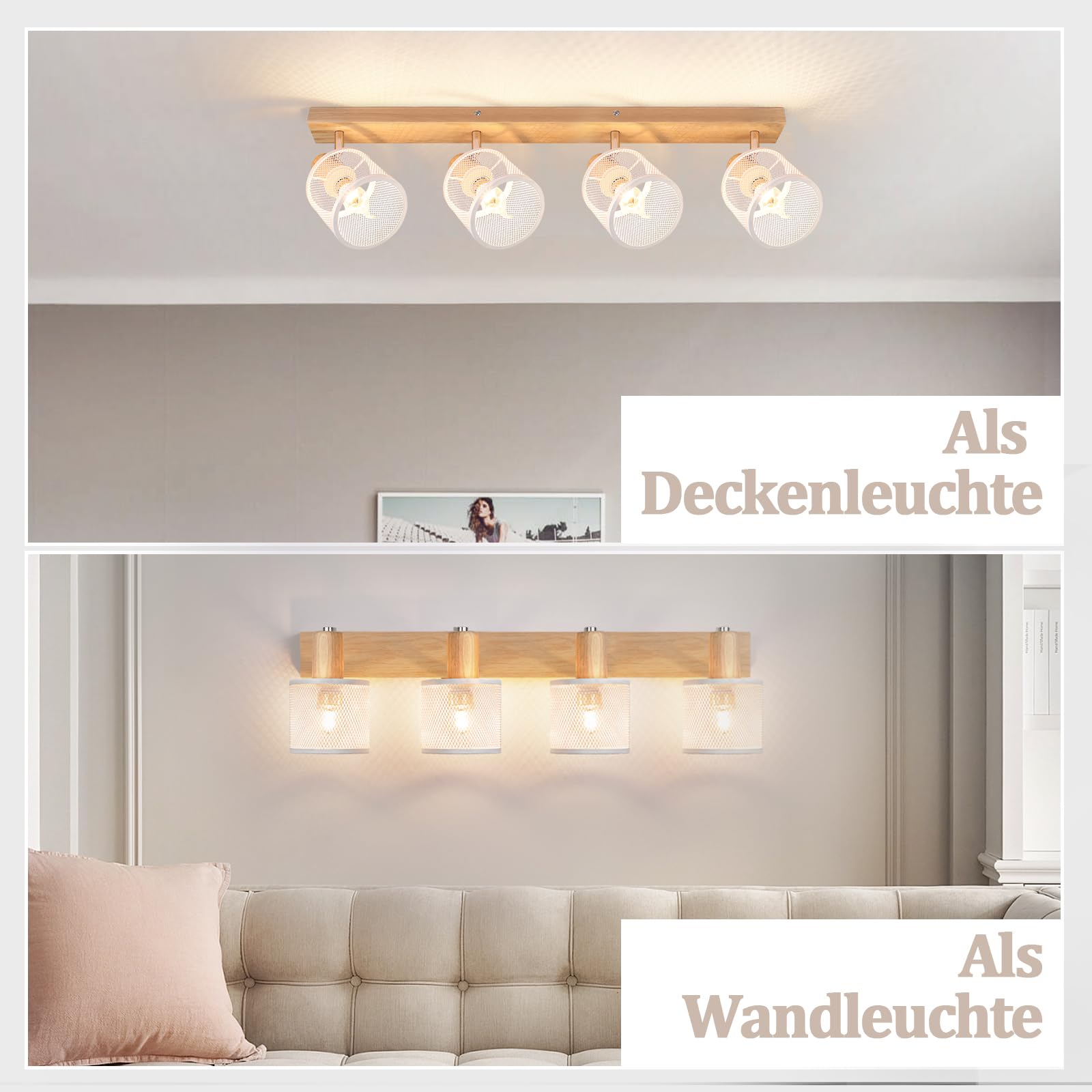 Deckenstrahler 4 Flammig Deckenleuchte Holz - Deckenlampe Vintage | Wohnzimmer Weiß Strahler Schwenkbar E14 Deckenspot Spots Flur Schlafzimmer Küche Esszimmer-Ohne Leuchtmittel