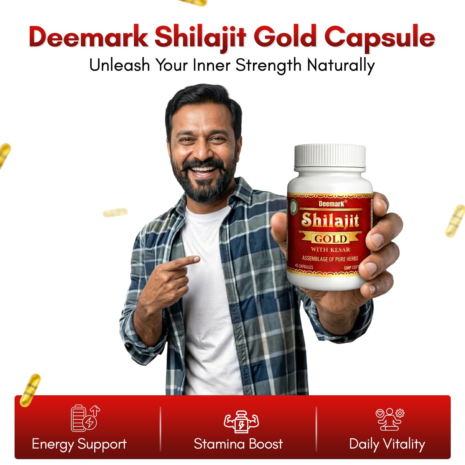 Deemark Pure & Original Gold Shilajit Capsule for Men and Women | 100% Natural Ayurvedic Capsules for Strength, Stamina, Power & Recovery | Helps Boost Immunity & Energy | 45 Capsules — Amazon image 2
