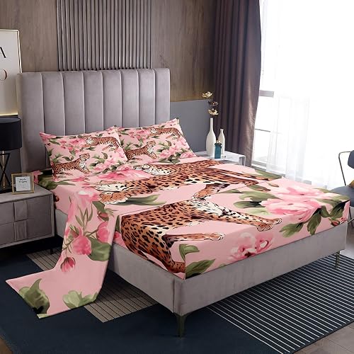 Erosebridal Flower Leopard Print Bed Sheets Set King Size,Pink Rose Floral Green