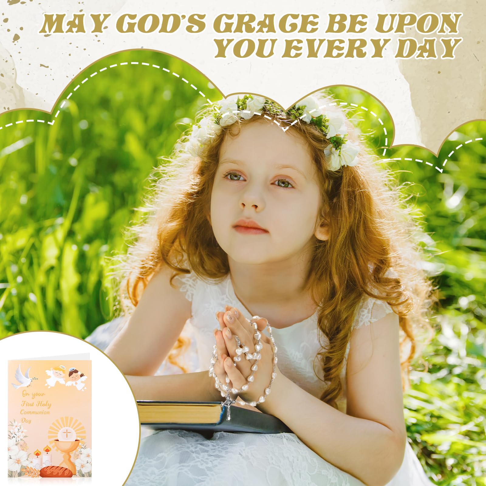 Set de 3 Rosario Corazón Primera Comunión con Tarjetas y Bolsa Cordón Collar Metálico Cruz Perlas Católicas para Niñas Niños Regalo Bautizo