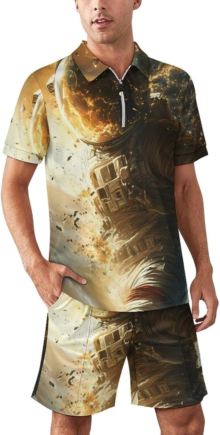Outer-Space Cool Astronaut Mens Polo Shirts Track Suits 2 Piece Short Sleeve Sweatsuit 1/4 Zip Golf Loungewear for Sports