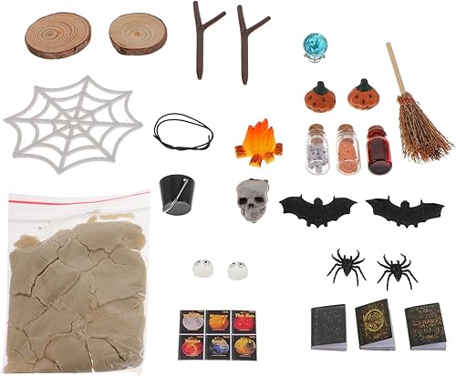 Miniatura 8 de LUOZZY Accesorios para casa de muñecas con temática de Halloween, diseño de murciélago de bruja en miniatura, calabaza, calavera y calabaza para