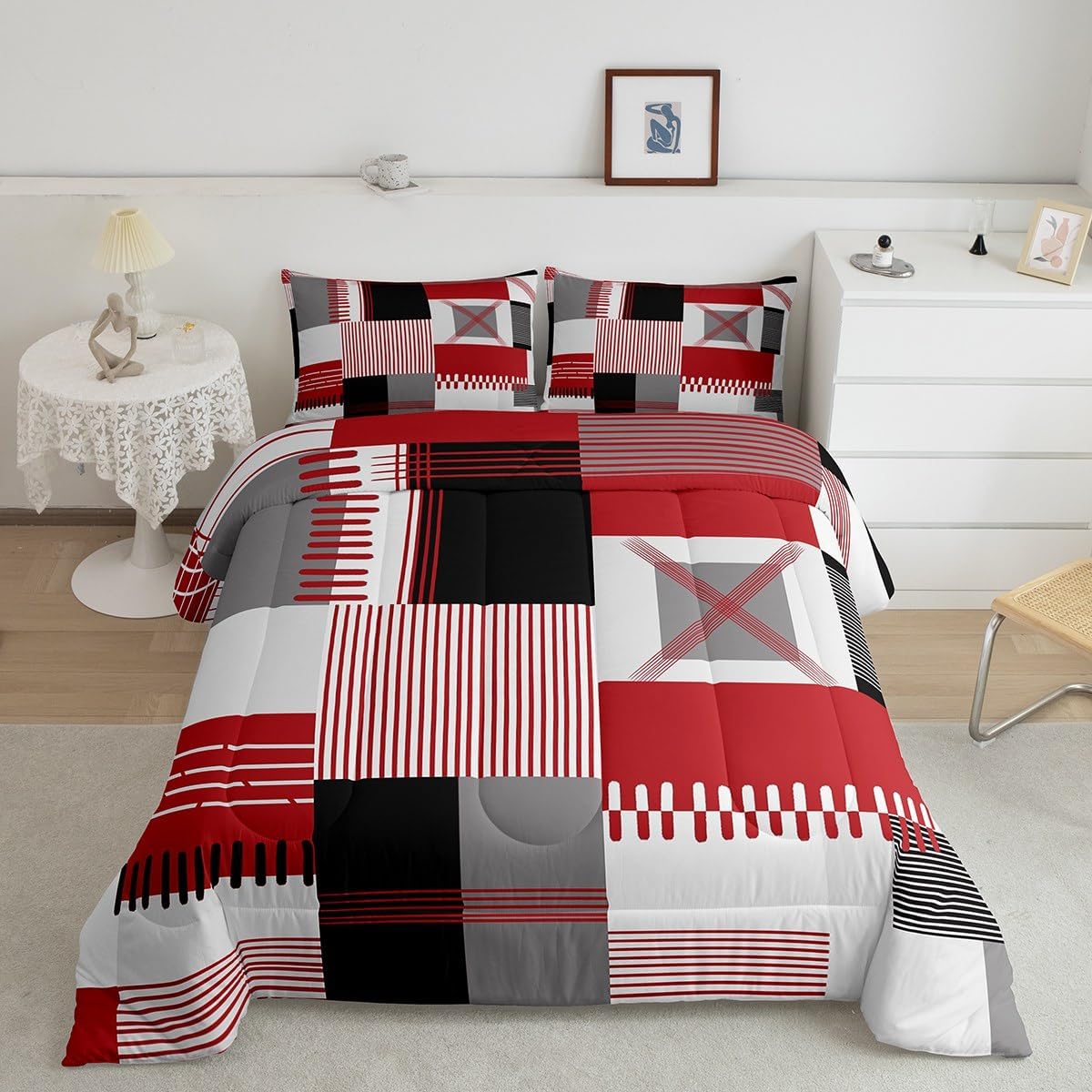Feelyou Geometric Duvet Quilt Queen Size Red Bedding Set for Kids Stripe Line Comforter Women Men Ultra Soft Modern Art Room Decor All Season Breathable Lightweight