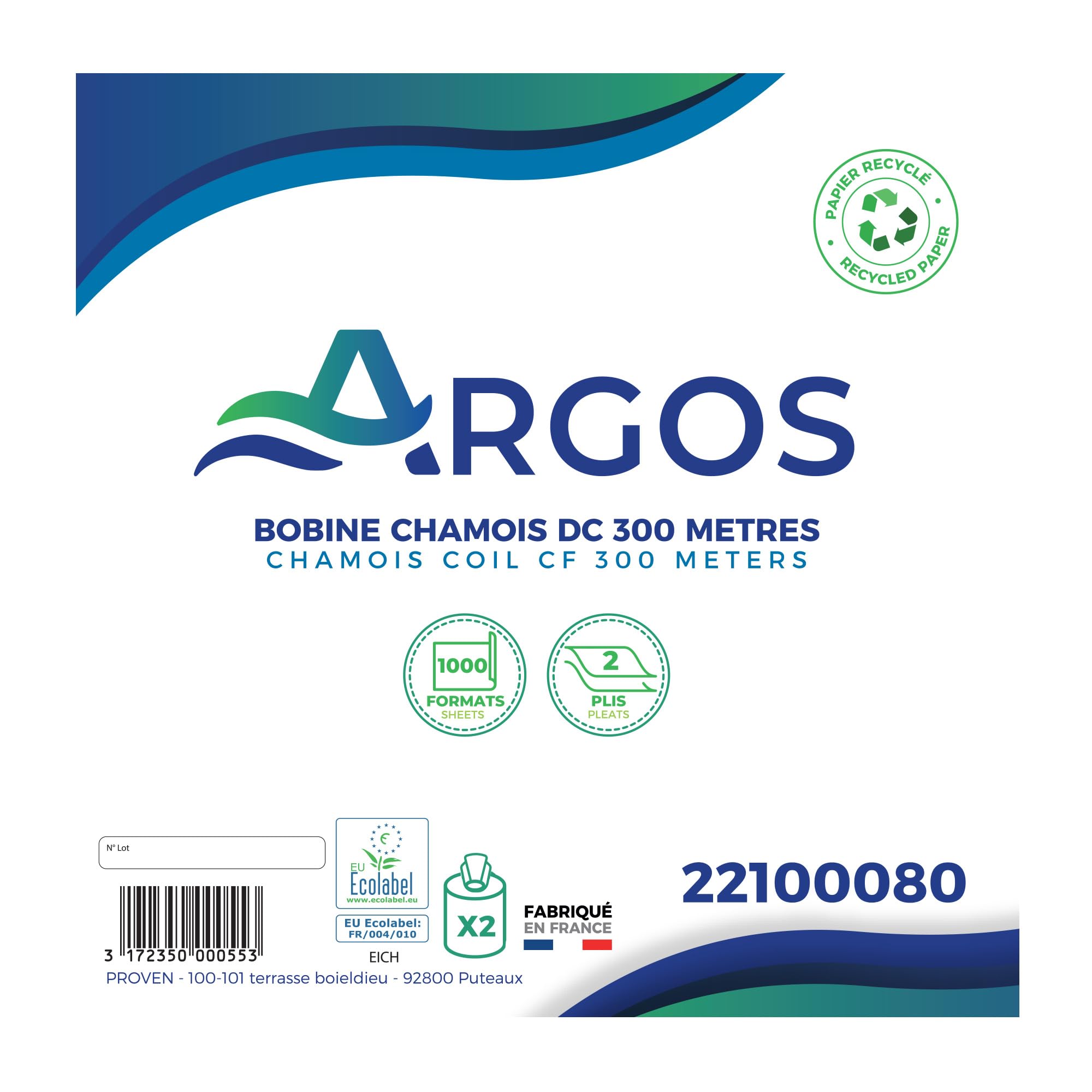 ARGOS - Bobine chamois - Cellulose recyclée - Absorption optimal - Pré découpé - Ecolabel - Fabrication française - 2 Bobines
