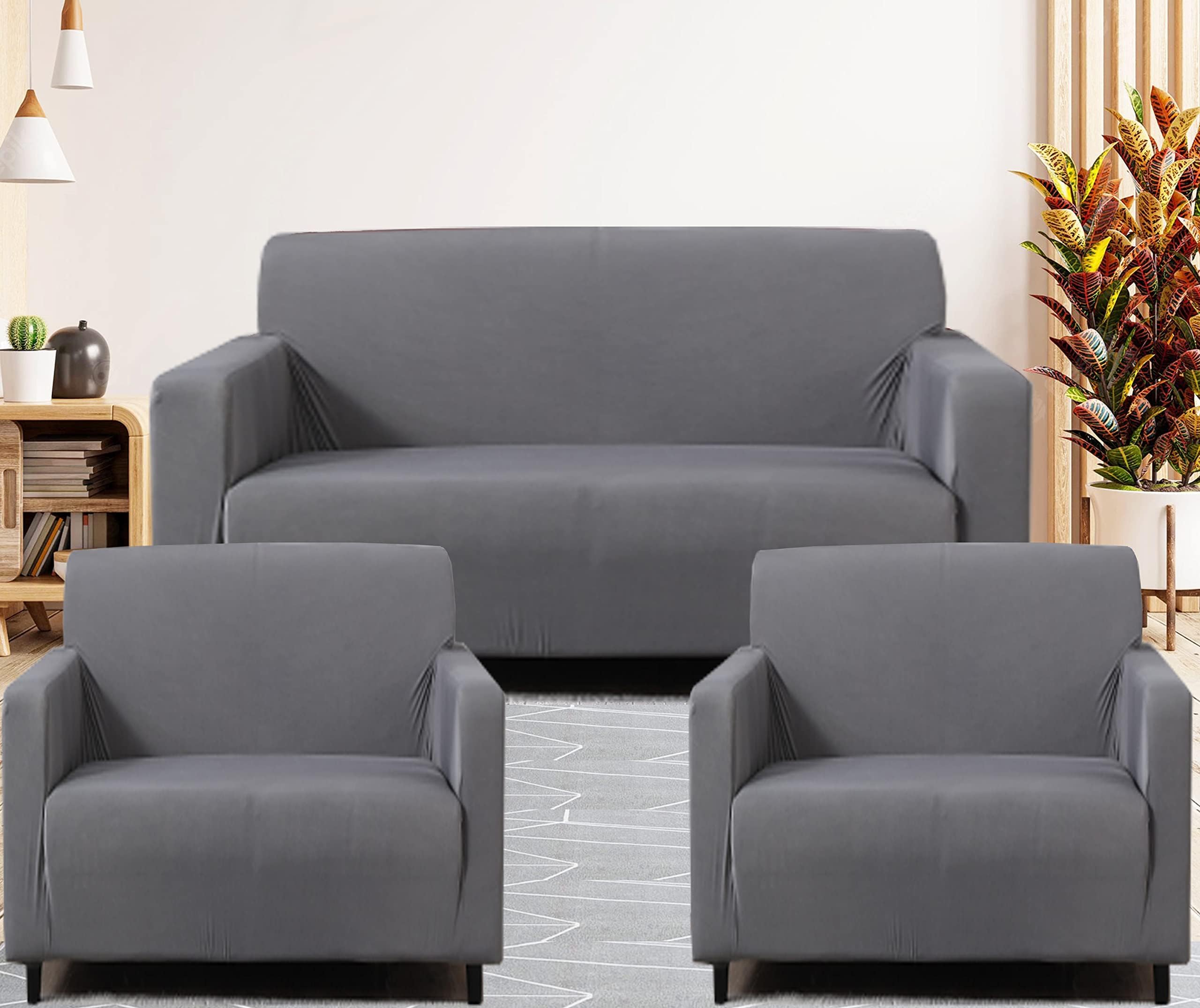 Gifts Island® Universal Sofa Cover 5 Seater (3+ 2) Seater Fully Covered Non-Slip Sticky Elastic Stretchable Couch Sofa Set Slipcover Protector for (3+1+1 Seater), Grey Plain