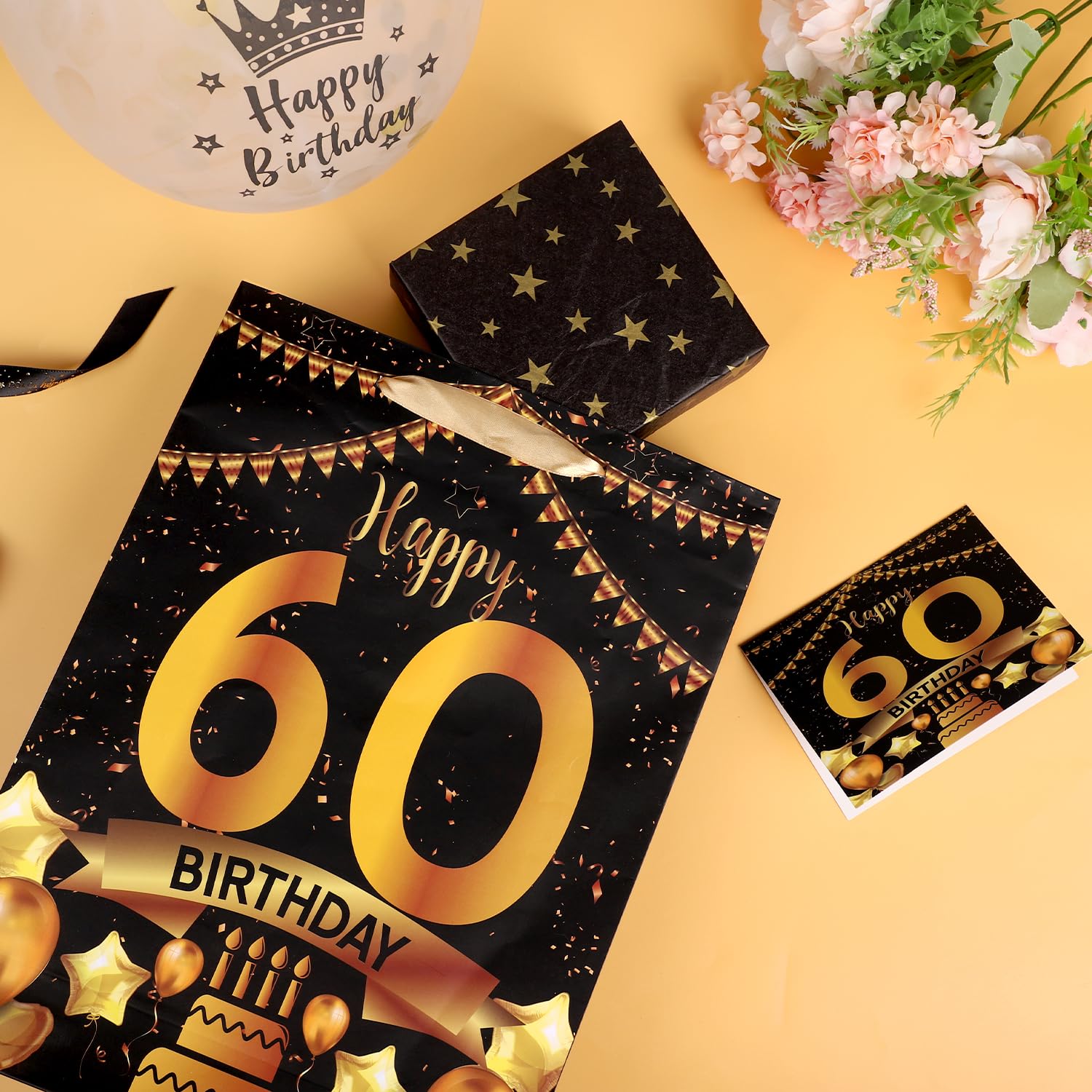 Schicke Geschenktüte Zum 60. Geburtstag In Schwarz-Gold - Perfekt Für Weinflaschen & Geschenke