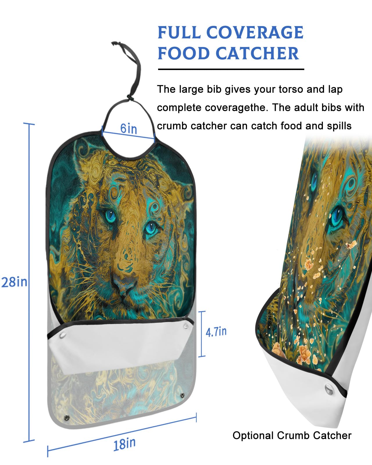 Tiger Oil Painting Adult Bibs for Eating, Waterproof Bibs with Food Catcher & Adjustable Snap Closure, Art Abstract Paint Marble Texture Washable Clothing Protectors Adult Bibs for Elderly Women/Men