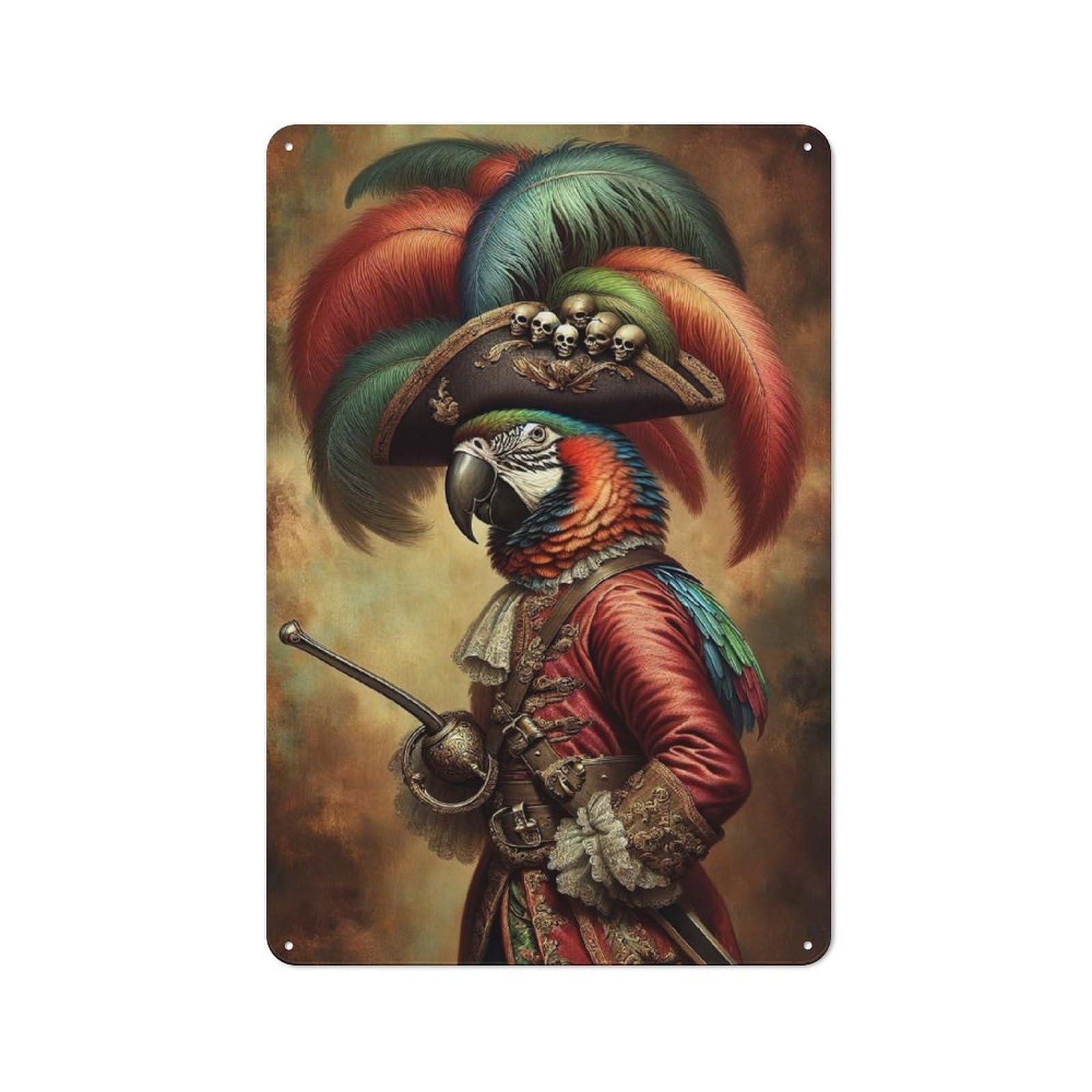 Junmoney Parrot As A Pirate Captain Metal Wall Sign 30X20cm Featuring For Living Room Wall, For Metal Sign Collectors, For Garage And Workshop Walls