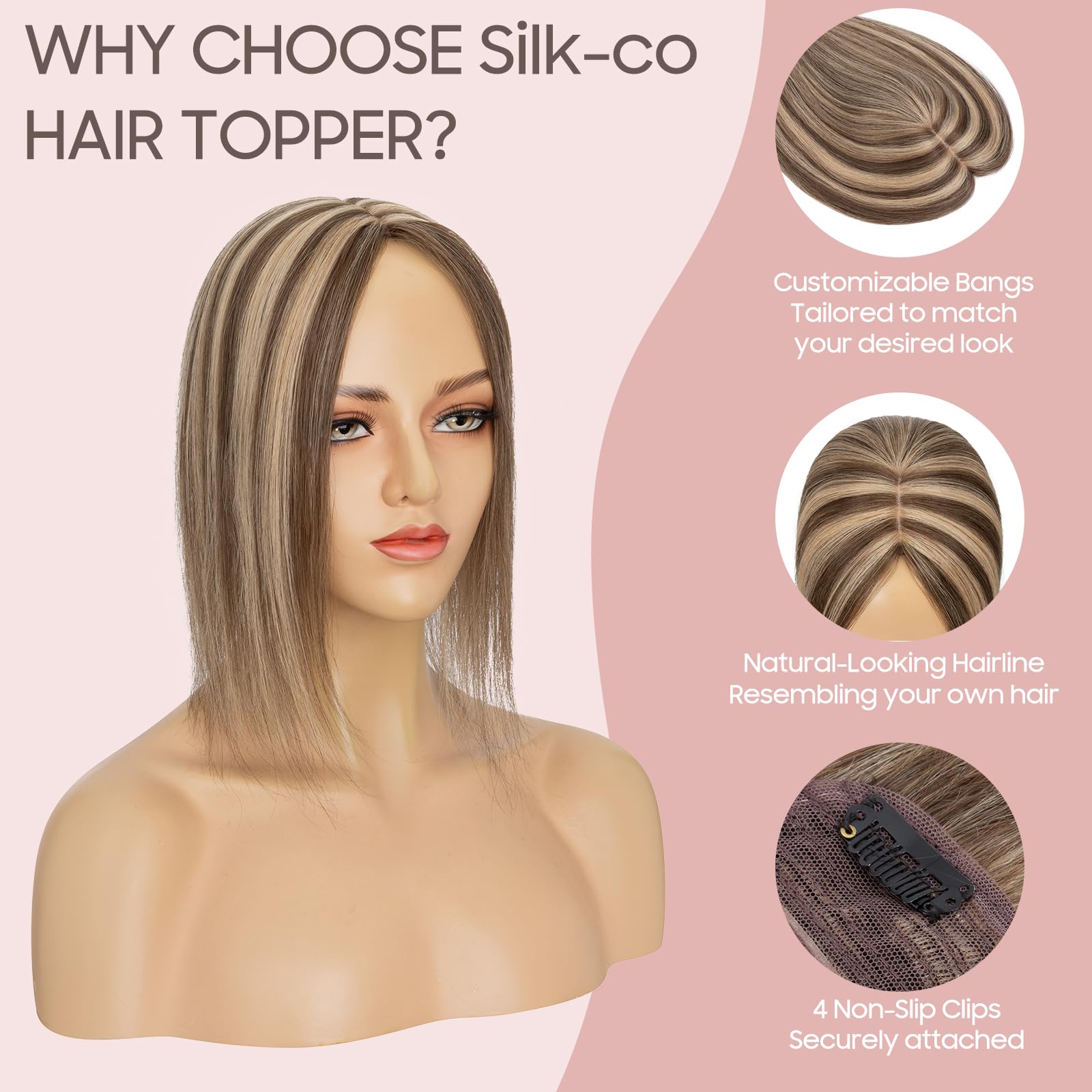 Silk-co 16inches Hair Topper for Thinning Hair Women Clip in Real Remy Human Hair Extensions Top Hair Piece Silky Soft (#4P27 Medium Brown&Dark Blonde) - Image 3