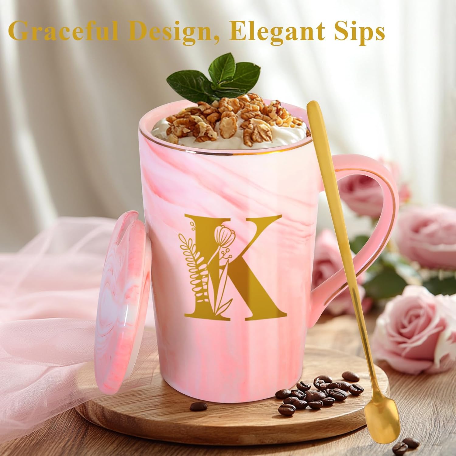 MNZZ Personalized Ceramic Coffee Mug with Lid Tea Cup Mother Day Best Mama Mom Ever from Daughter Son Gifts Christmas Xmas Valentines Birthday Groom Bride Mother In Law Personalized Special Present,K - Image 3