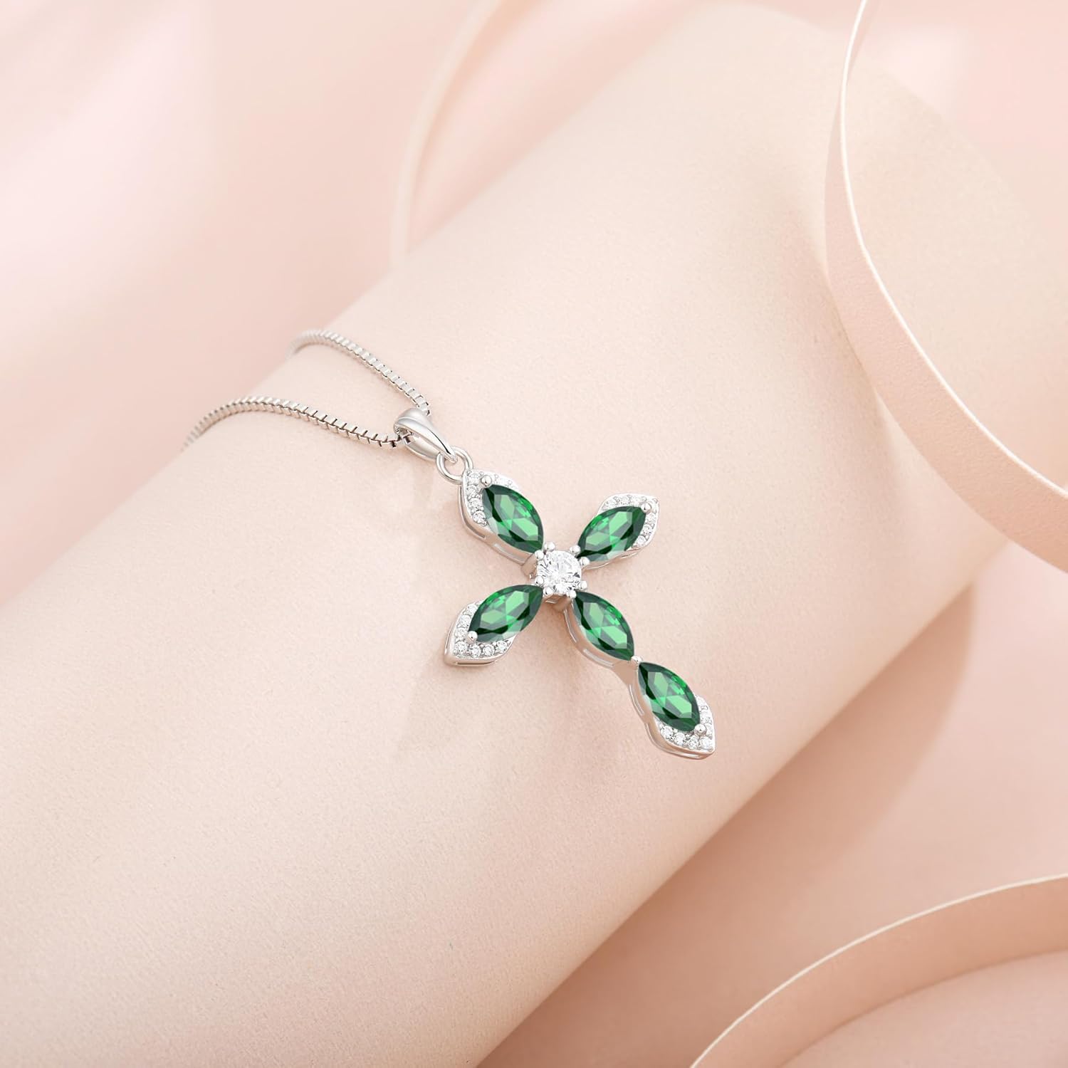 Women Cross Necklace 925 Sterling Silver Halo Gemstone Necklace Crucifix Religious Pendant Birthstone Jewelry Gifts for Her - Image 3