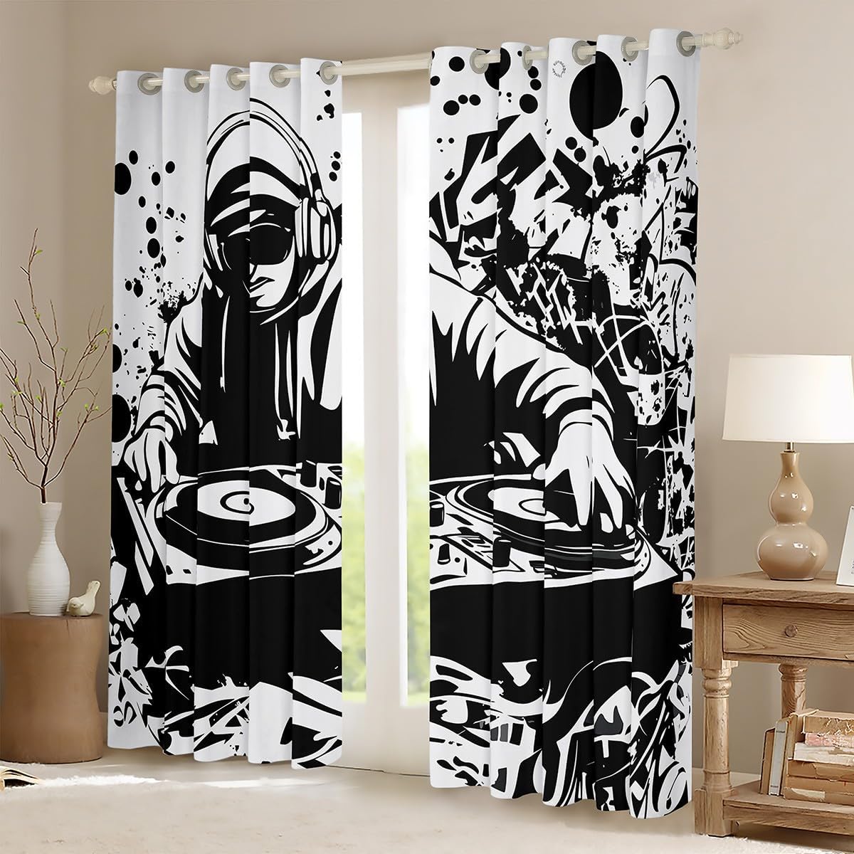 Erosebridal Dj Controller Curtain Pop Music Curtains for Kids Boys Teens,Fashion Hip Hop Window Treatment Modern Rock Living Room Decorative 104"X84" Black and White