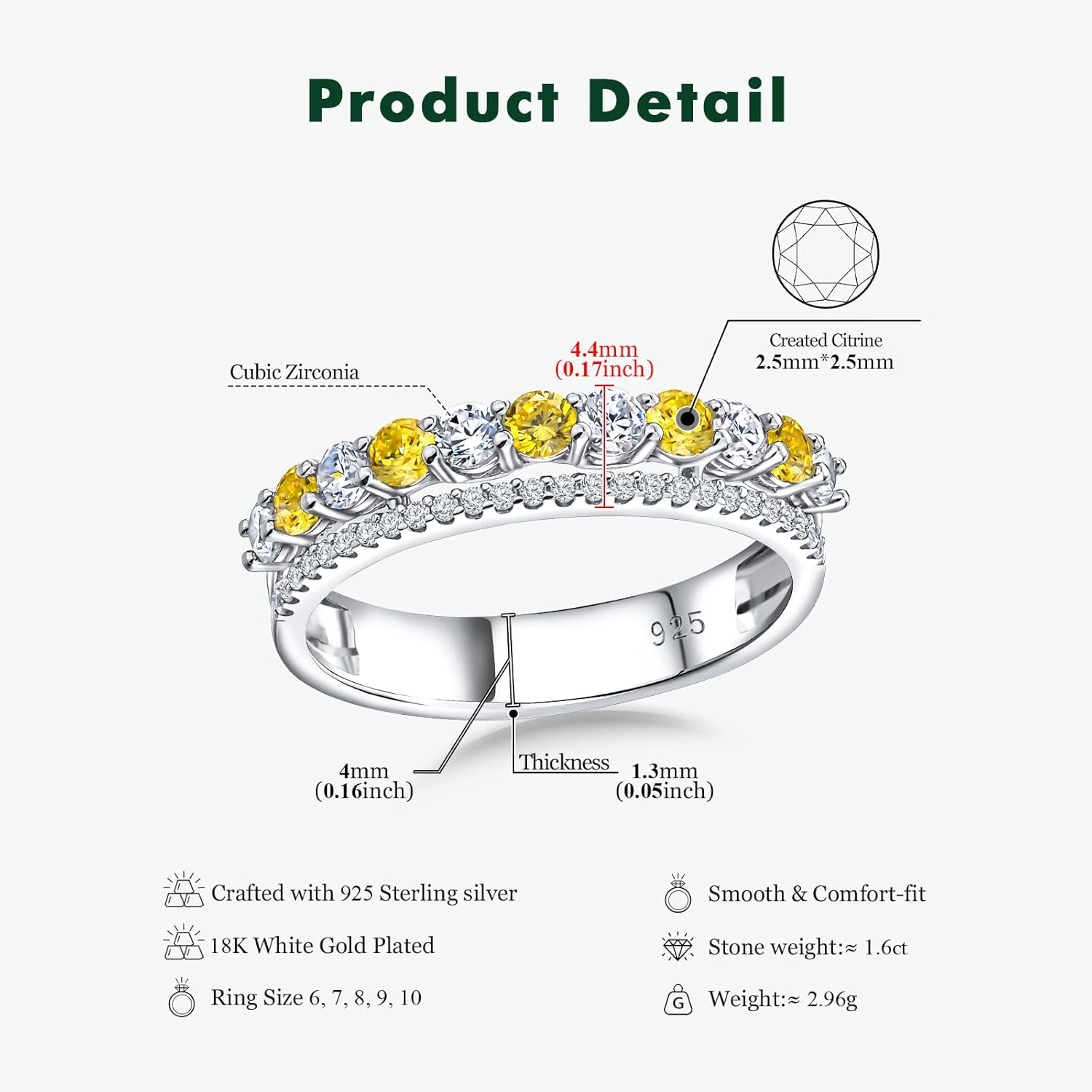 Women's Half Eternity Band 5mm Thick Double Band Ring Sterling Silver Gemstone Diamond Anniversary Ring Stackable Birthstone Rings Size 6-10 (with Gift Box) - Image 6