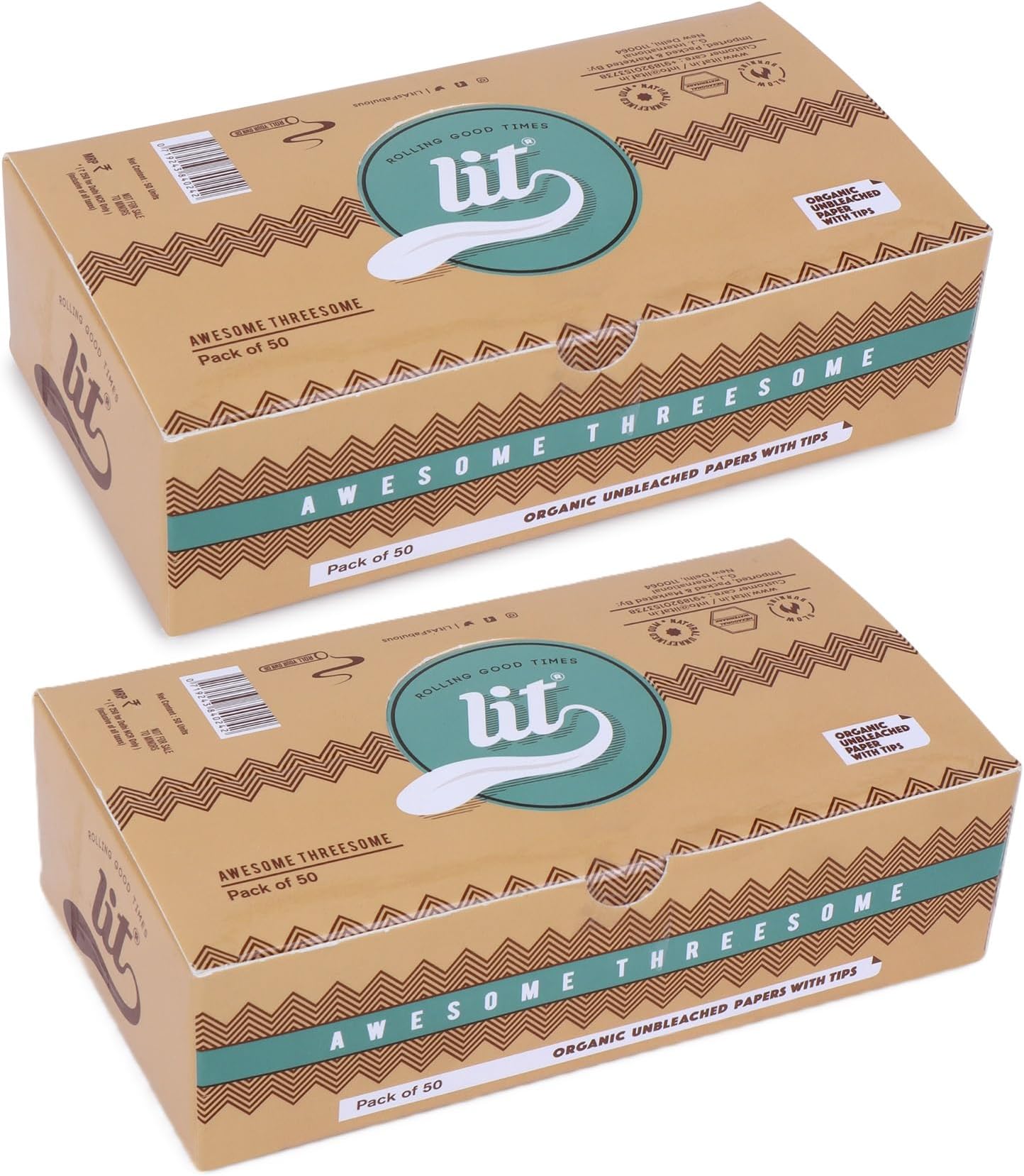 LIT AWESOME THREESOME King size organic Brown Rolling Paper - 50 Pack(Combo of 2 Box)