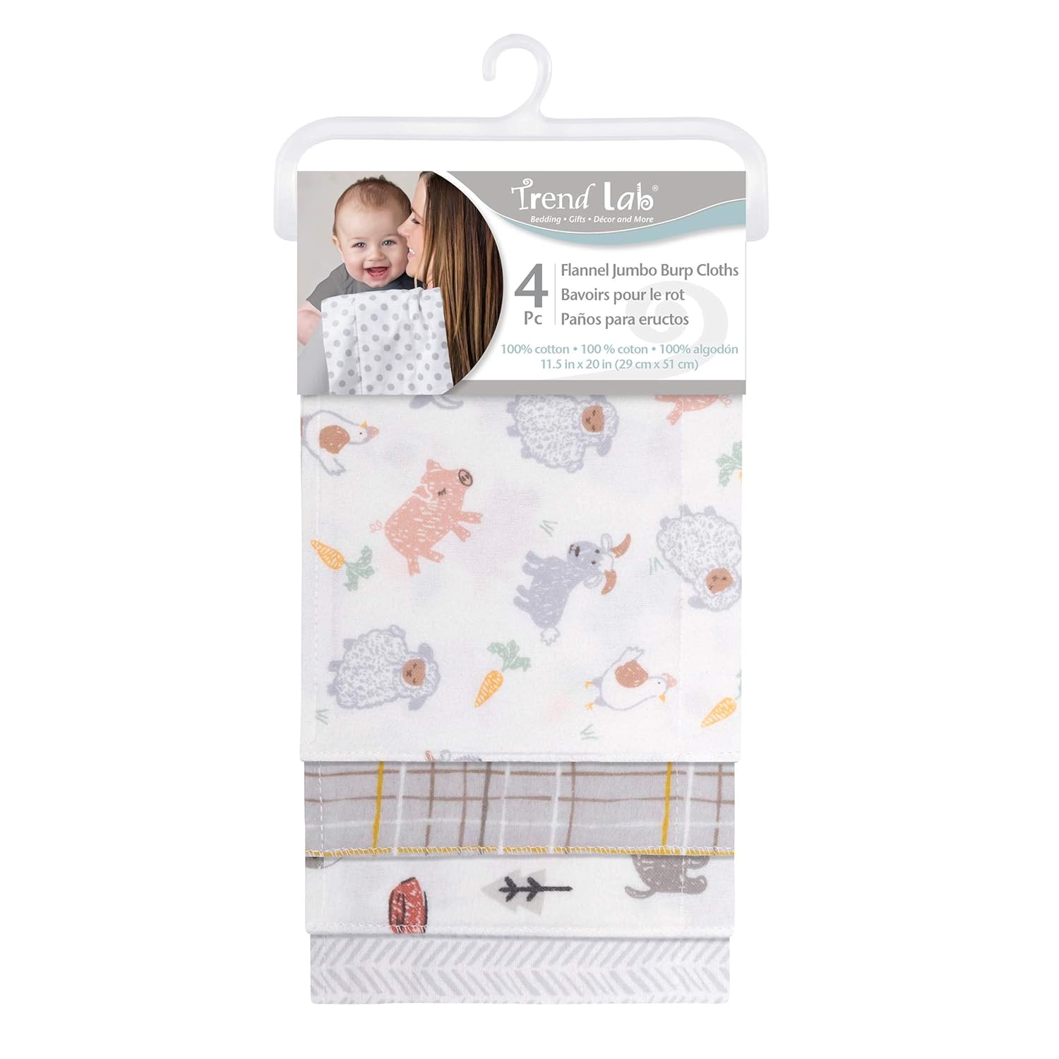 Trend Lab 4 Pack Flannel Burp Cloth Set, (103760), Farm Friends : Baby