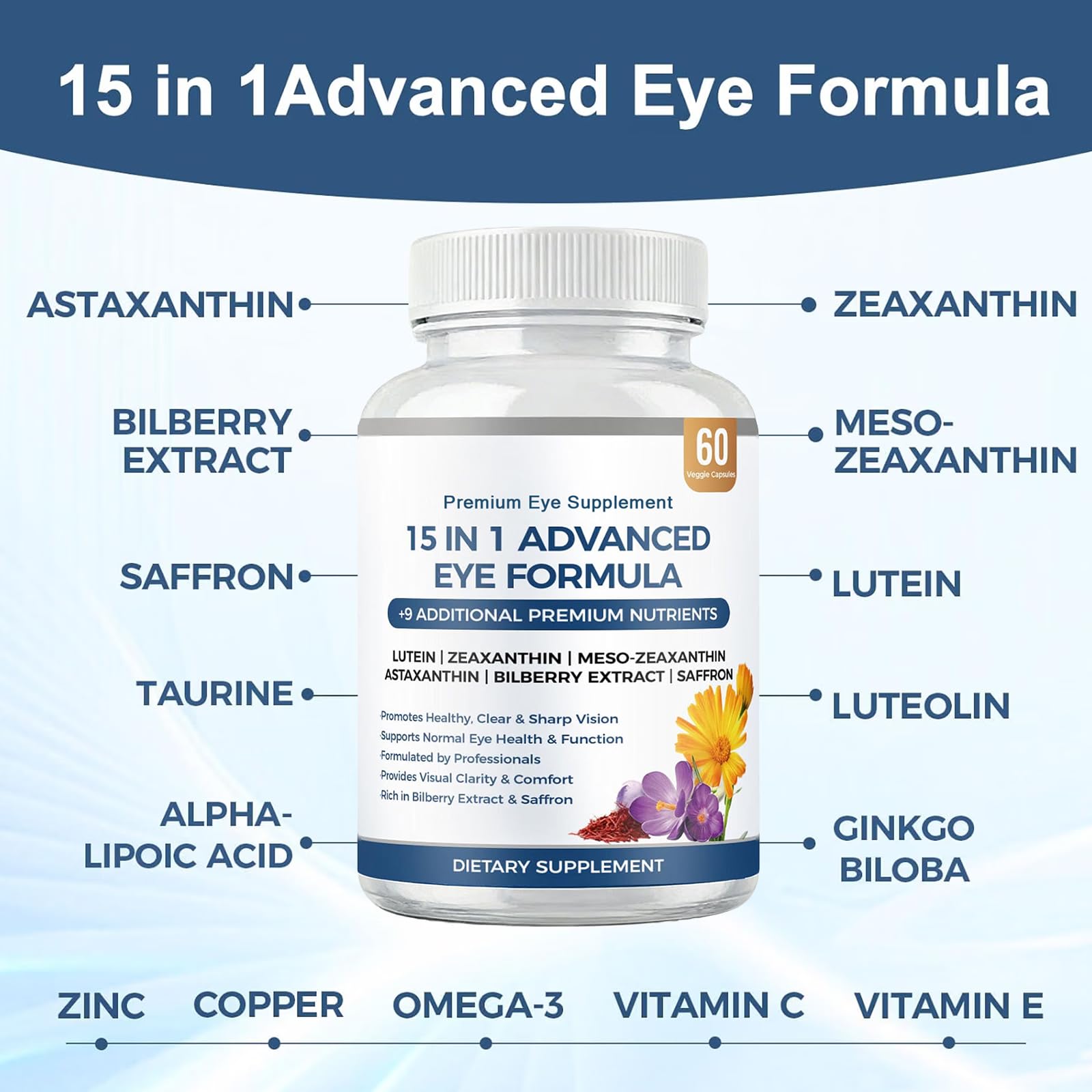 15 in 1 Advanced Eye Formula with All 3 Carotenoids, Lutein & Zeaxanthin, Saffron & Bilberry Extract 60 Count (Pack of 1) — Amazon image 4