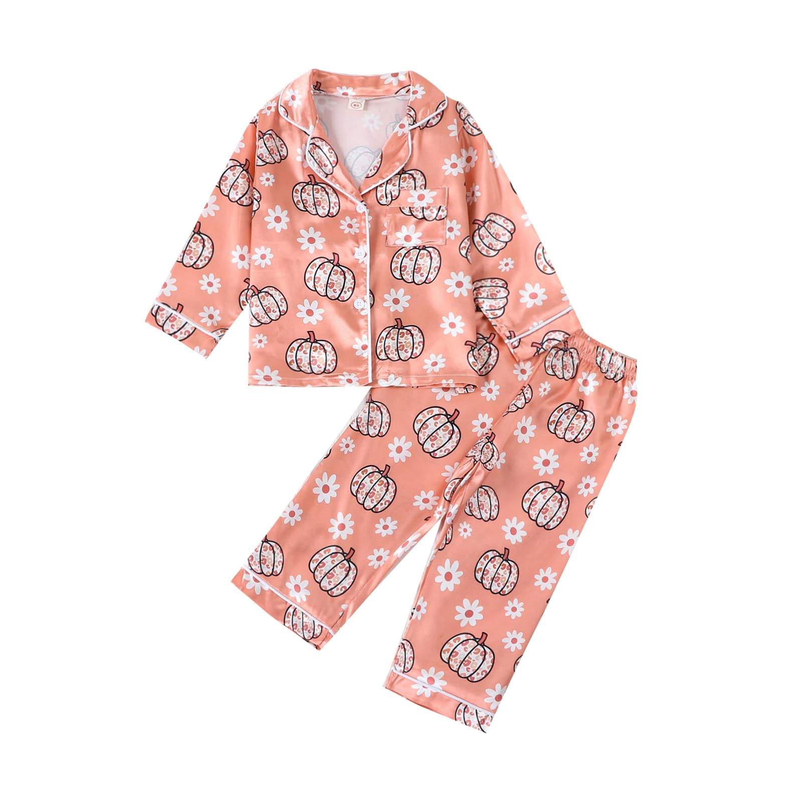 Fsadfeas Kids Girls Satin Pajamas Baby Halloween Pajamas Pumpkin Floral Button Down Tops And Long Pants Satin Fall Sleepwear (Orange Pumpkin Daisy, 18-24 Months)