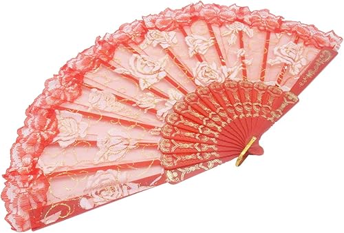 Miniatura 9 de TrendBox - Abanico chino de mano en encaje de rosas para mujer, elegante diseño retro, para bailes