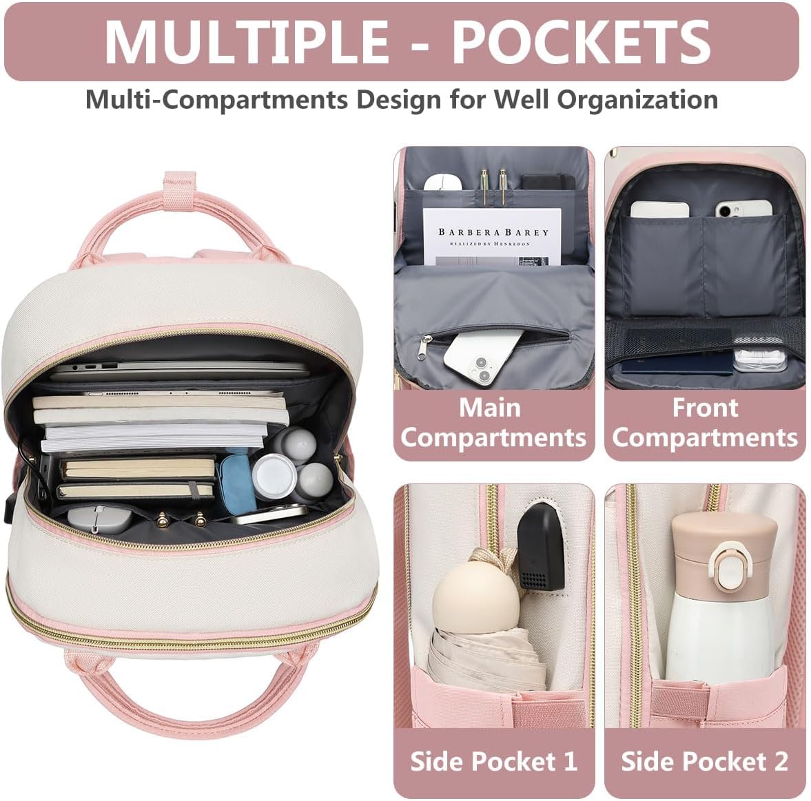Backpack for Women Laptop Bag: Work Travel Backpacks Fits 17 inch Computer Waterproof College Bookbag with USB Charger Anti-theft Business Casual Backpack Purse for Nurse Teacher Beige Pink - Image 3