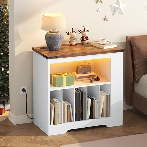 Miniatura 4 de HOOBRO Soporte grande para tocadiscos con estación de carga y luces LED, gabinete de almacenamiento de discos de vinilo con tira de luz de 21