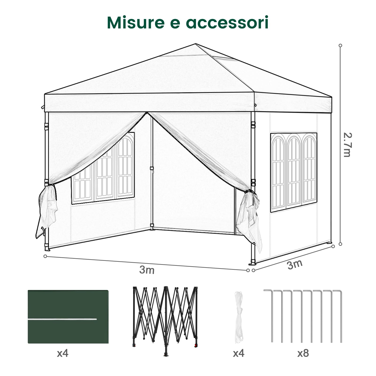 Laneetal Gazebo 3x3 Pieghevole Impermeabile, Pergolato da Giardino, Gazebo da Esterni, con Pareti Laterali Rimovibili, Protezione dal Sole, per Feste e Campeggio, Borsa per il Trasporto, verde