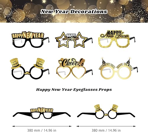 Miniatura 6 de Decoraciones de Año Nuevo 2025, suministros de fiesta de feliz año nuevo negro dorado con banderines, espirales colgantes, accesorios de cabina de