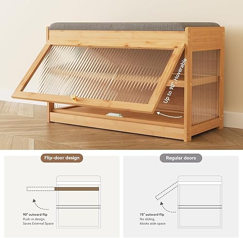 Miniatura 4 de YU YUSING Zapatero de bambú con cojín extraíble, compartimento de almacenamiento oculto, organizador de almacenamiento de zapatos de entrada para