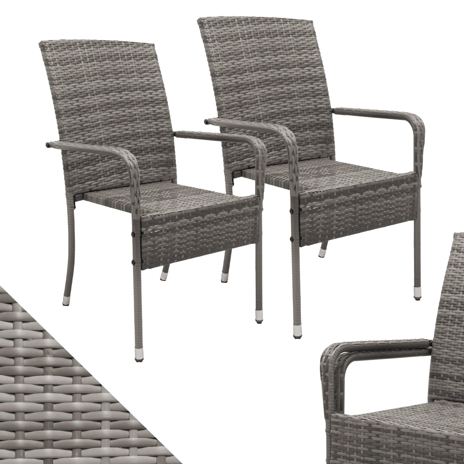 Juskys Sedie da giardino in polyrattan Yoro set da 2 con braccioli e schienale impilabili grigio melange