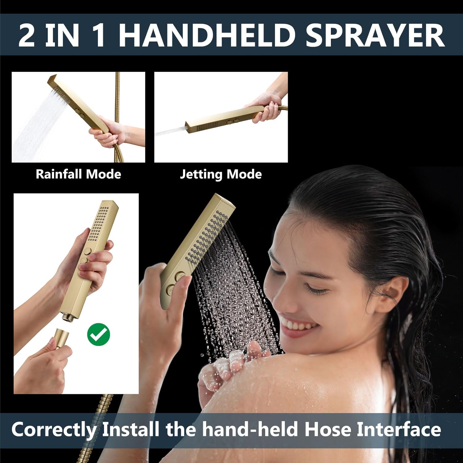 Aolemi Shower Faucet Set Ceiling Mount Shower System Rough-in Valve and Shower Trim Kit 2 in 1 Handheld Spray Push Button Diverter 10 and 6 Inch Dual Shower Head Brushed Gold - Image 3