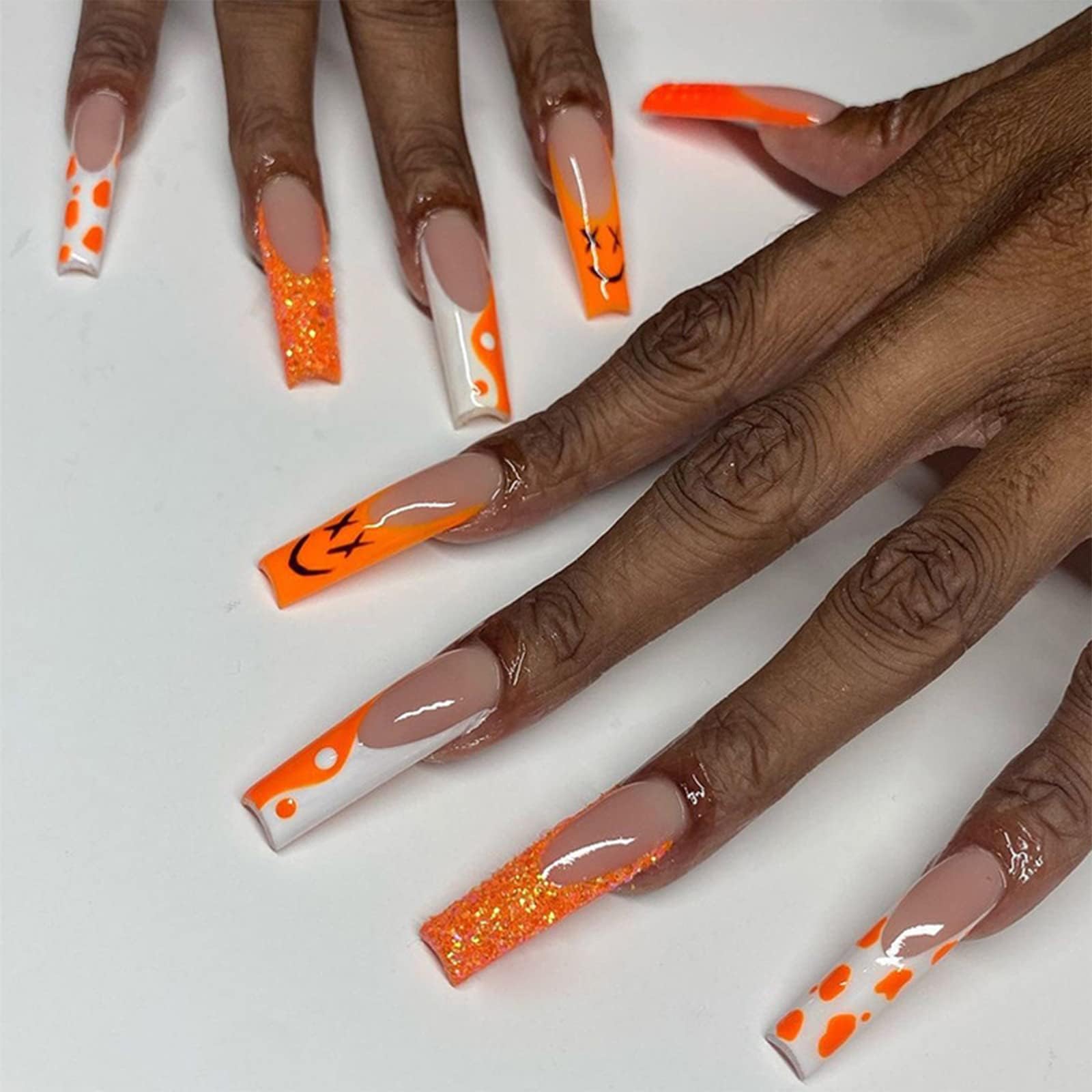 SINHOT Long Length Ballerina Press on Nails with Designs Orange Cute Pattern Acrylic Nails Press onips for Acrylic Nails Professional Beginner False Nails for Girls Women Nail 24pcs