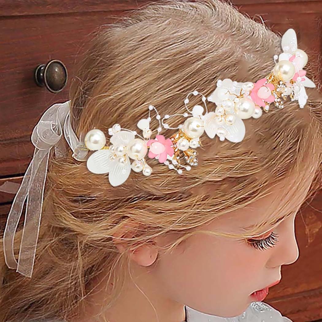 Campsis Wedding Flower Girl Headpiece, Pink Pearl Bridal Headband, Floral Crystal Prom Hair Accessories for Girls(Pink) - Image 2