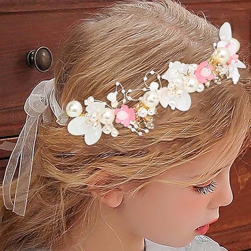 Miniatura 2 de Campsis Diadema de boda para niña de flores, diadema de perlas rosas, accesorios para el cabello de graduación de cristal floral para niñas (rosa)
