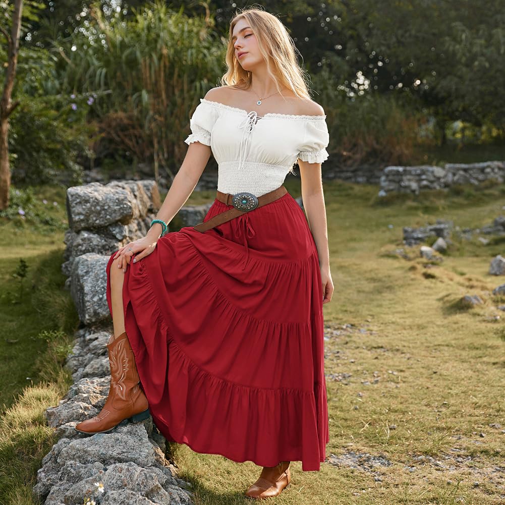SCARLET DARKNESS Jupe longue bohème fluide pour femme avec taille élastique et cordon de serrage - Jupe trapèze à volants avec poches