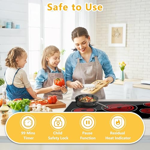 Miniatura 5 de Estufa eléctrica de 36 pulgadas, estufa eléctrica de 5 quemadores con 9 niveles de potencia, control táctil, temporizador, bloqueo infantil y