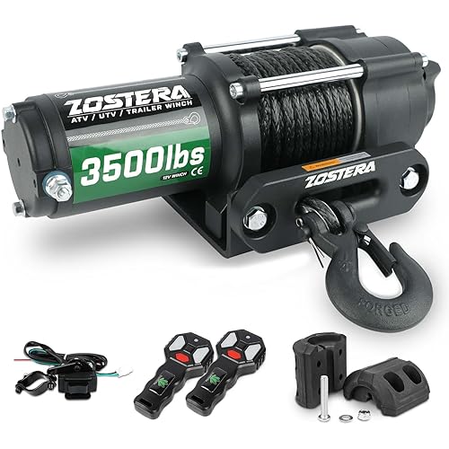 3500lbs ATV/UTV Winch with Synthetic Rope, Electric Boat Trailer Winch 12V, Waterproof Winch with 2 Wireless Remotes &Wired Switch,with Mounting Plate,Pulley,Rope Damper,Aluminium Fairlead