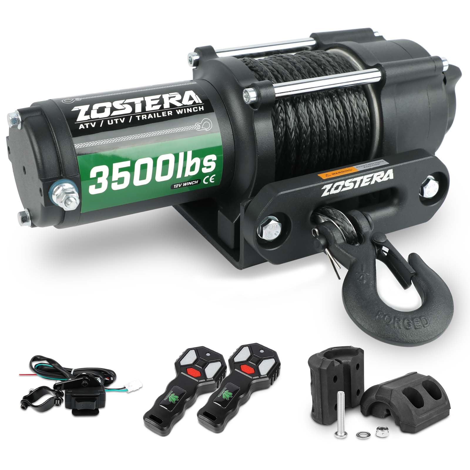 Zostera 3500lbs ATV/UTV Winch with Synthetic Rope, Electric Boat Trailer Winch 12V, Waterproof Winch with 2 Wireless Remotes &Wired Switch,with Mounting Plate,Pulley,Rope Damper,Aluminium Fairlead