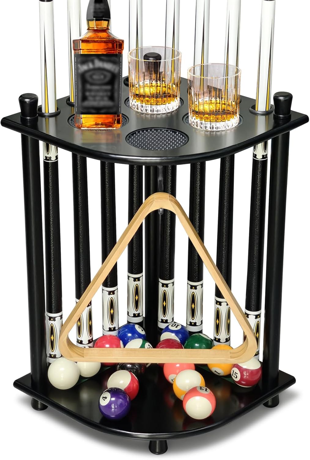 Pool Stick Holder Floor Stand, Pool Cue Rack Holder up to 8 Cues Sticks, Solid Wood Billiards Stick Holder Pool Stick Stand Corner for Game Room, Club,Pool Table Accessories (Black)