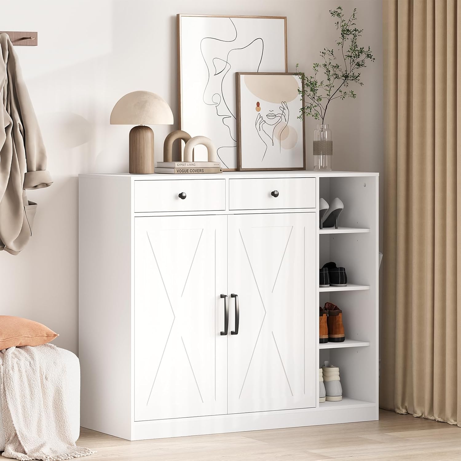 Farmhouse Shoe Cabinet with 2 Barn Doors & 2 Drawers, 4 Adjustable Shelves Shoe Storage Organizer Cabinet, Hooks & Open Storage for Hallway, Entryway, Mudroom, Closet, White