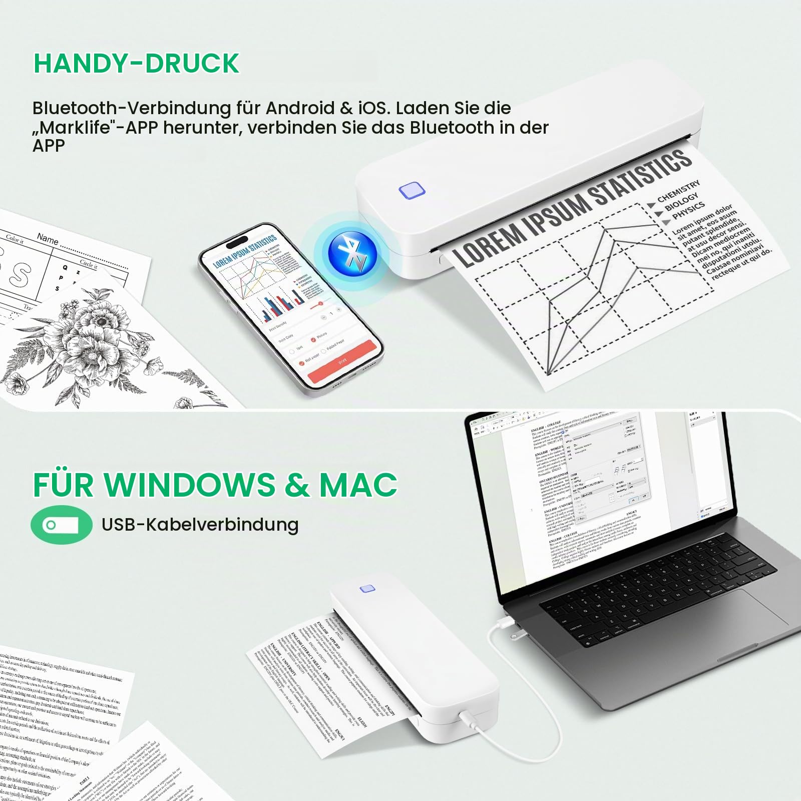GuKKK Tragbarer Thermodrucker A4, kleiner Thermodrucker mit Bluetooth, mobiler kabelloser Drucker, unterstützt Thermodrucker A4 210 x 297 mm, kompatibel mit Android iOS für Büro Studio (Weiß)