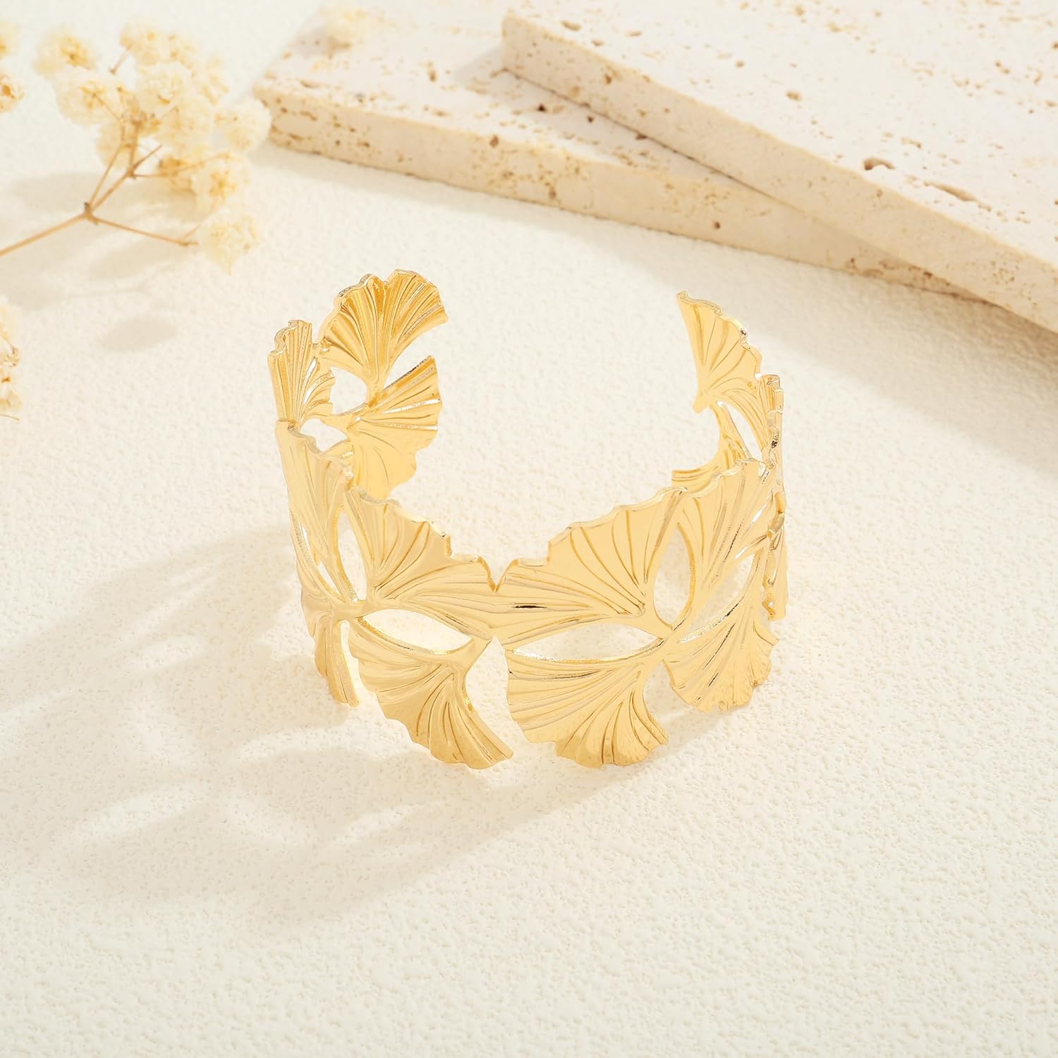 Gold Chunky Cuff Bracelet for Women Coral Ginkgo Leaf Statement Vintage Bracelets Trendy Gold Statement Jewelry - Image 5
