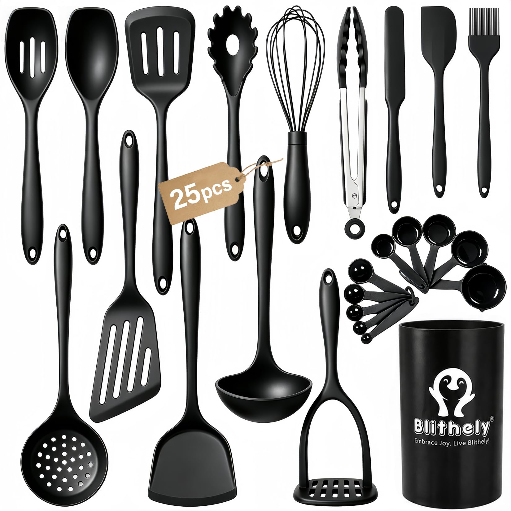 Set di 25 utensili da cucina in silicone con supporto, utensili da cucina antiaderenti, resistenti al calore, set di spatole in silicone senza BPA, con spatola, cucchiaio e mestolo