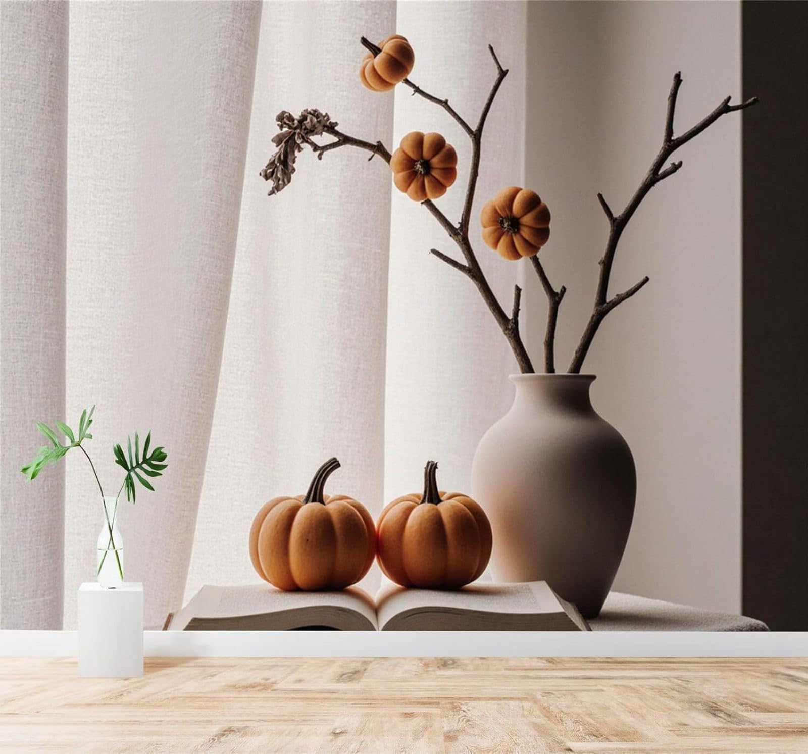 XLMING Minimalist Pumpkins Vases Autumn Branches 3D Wallpaper Premium Textured Silk Study Dining Living Room Bedroom Sofa TV Wall Easy Install-350cm×256cm