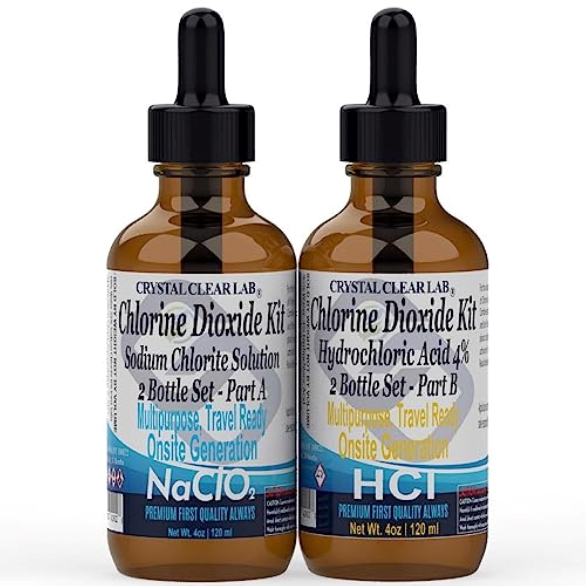 Crystal Clear Lab Chlorine Dioxide Kit | Hydrochloric Acid 4-5% (HCl) : Sodium Solution (8oz) Liquid Set