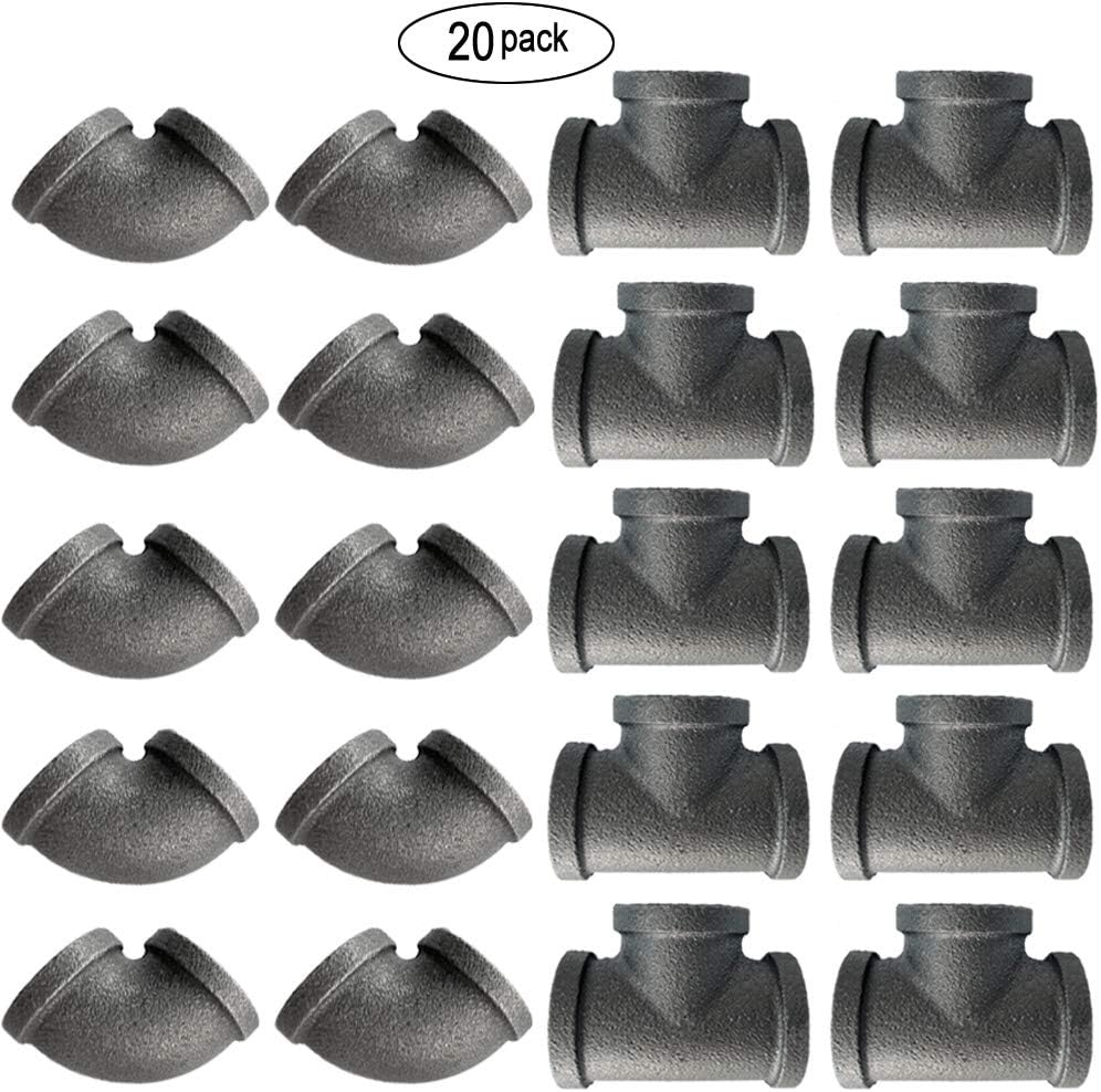 IBEUTES 10-Pack Black Malleable Iron Cast black pipe fittings 1/2 inch pipe tee elbow, DIY Pipe Furniture, 1/2 Inch black iron pipe Threaded Pipe Nipples Industrial Piping
