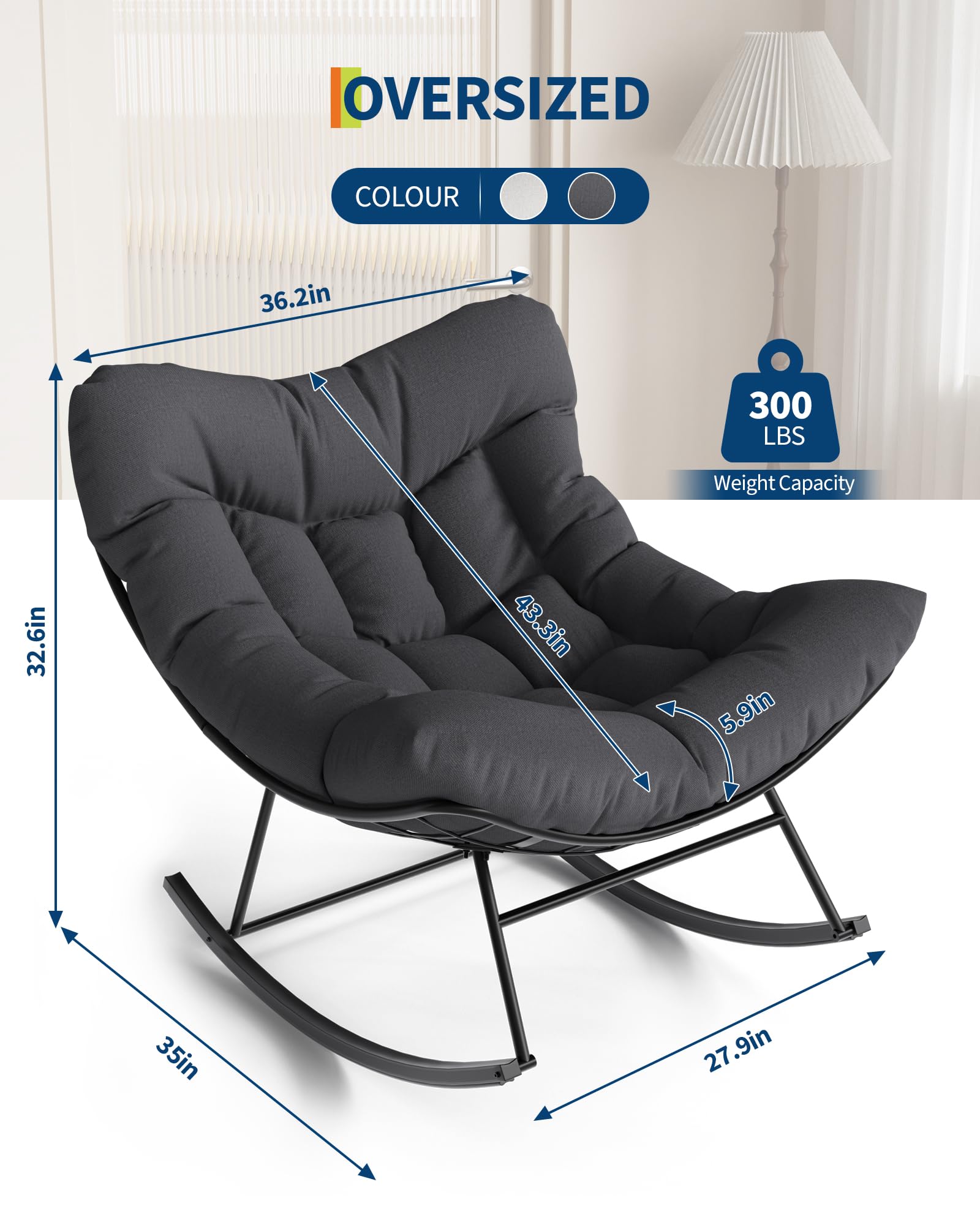 Garvee Mecedora Papasan Grande para Uso en Exteriores: Silla Huevo de Ratán Tejida a Mano, Estructura de Metal Resistente, Incluye Cojín de Secado Rápido, Resistente a La Intemperie y Cómoda, Gris