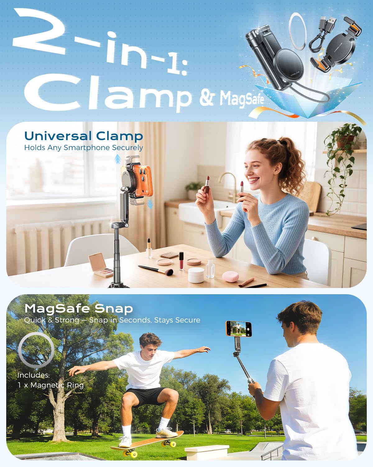 17 Zoll Handy Stativ Selfie Stick, 4,5 Zoll Taschenformat Bluetooth | 4-in-1 Design, Kabellose Fernbedienung, 360° drehbar, Kompatibel mit MagSafe, Abnehmbare Klemme, Für iPhone Android