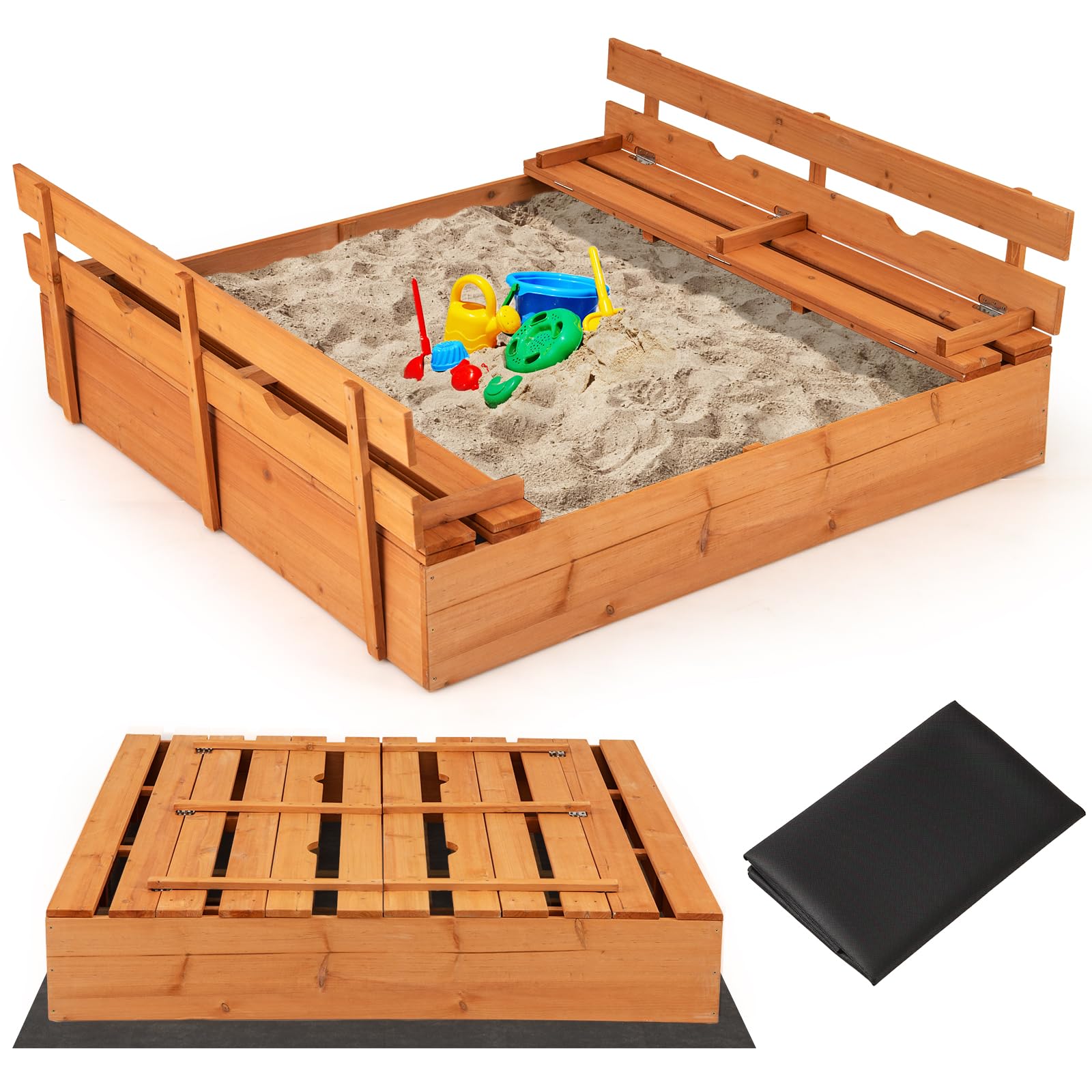 GOPLUS Caja de Arena de Madera para Niños, Arenero Infantil con Bancos Plegables y Forro de Fondo para Exteriores, Jardín, Patio Trasero, Playa, Caja de Arena para Niños de 18+ Meses