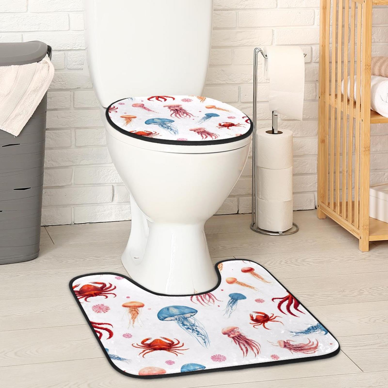 2 Pieces Flannel Toilet Contour Mat and Toilet Lid Cover, Soft Toilet Lid Cover Set Machine Washable Non Slip Contour Mat for Bathroom Decor Accessories